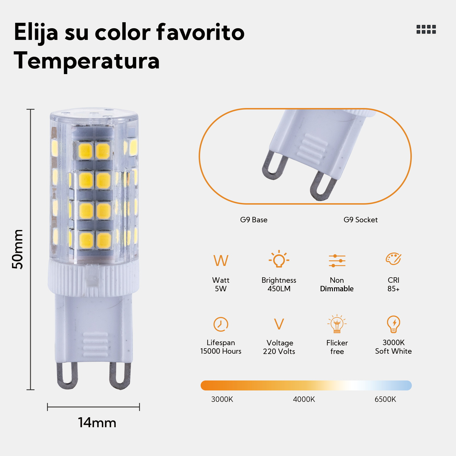 Bombilla LED con base G9, 5W, 450LM, 3000K, 15000h de vida.