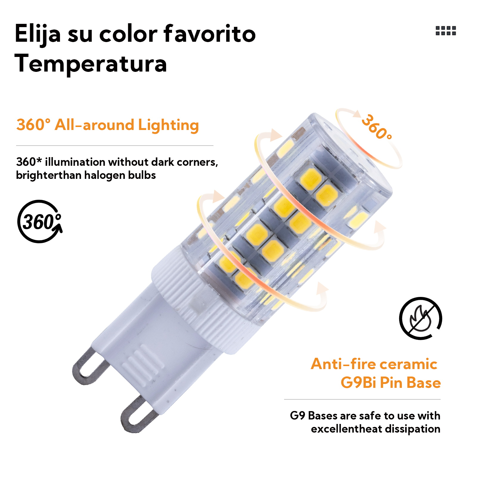 Bombilla LED con base G9Bi para iluminación 360 grados, resistente al calor.