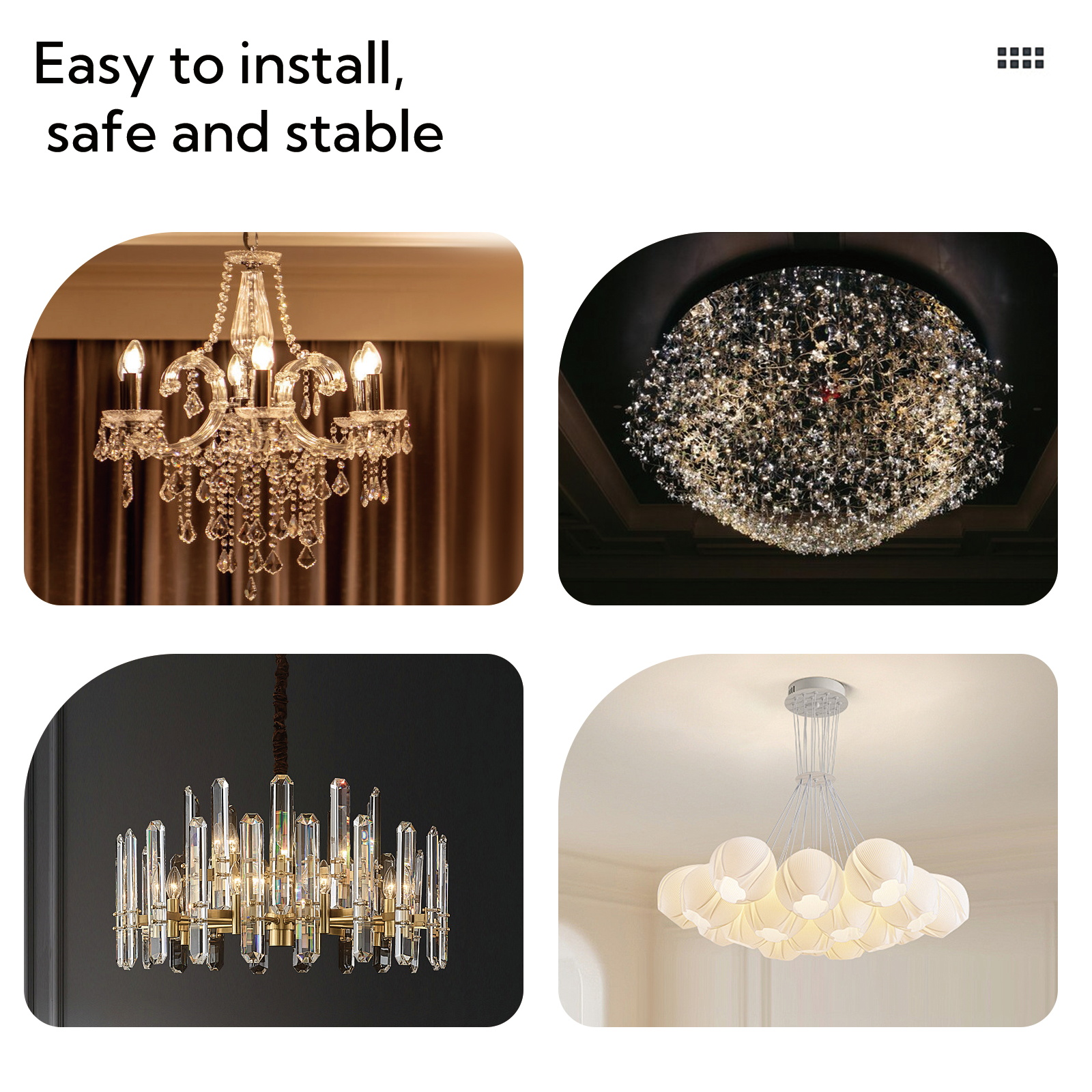 Cuatro candelabros elegantes: cristal, estrellado, latón moderno y globo tela blanca.