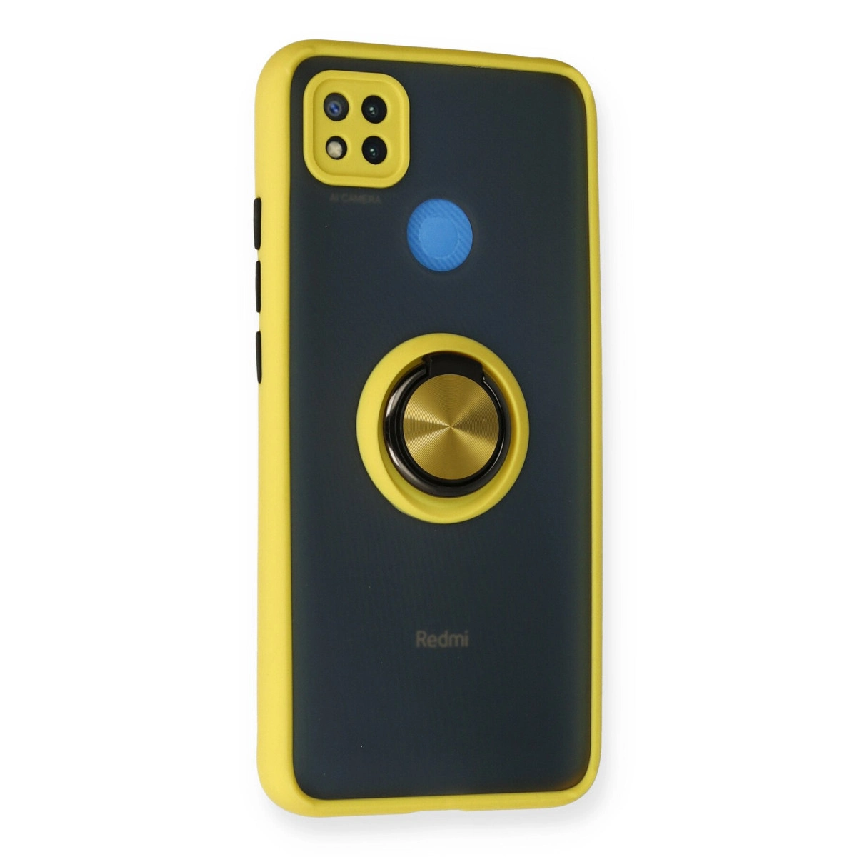 Sarı kenarlı, halka tutuculu ve mavi düğmeli, koyu gri telefon kılıfı.
