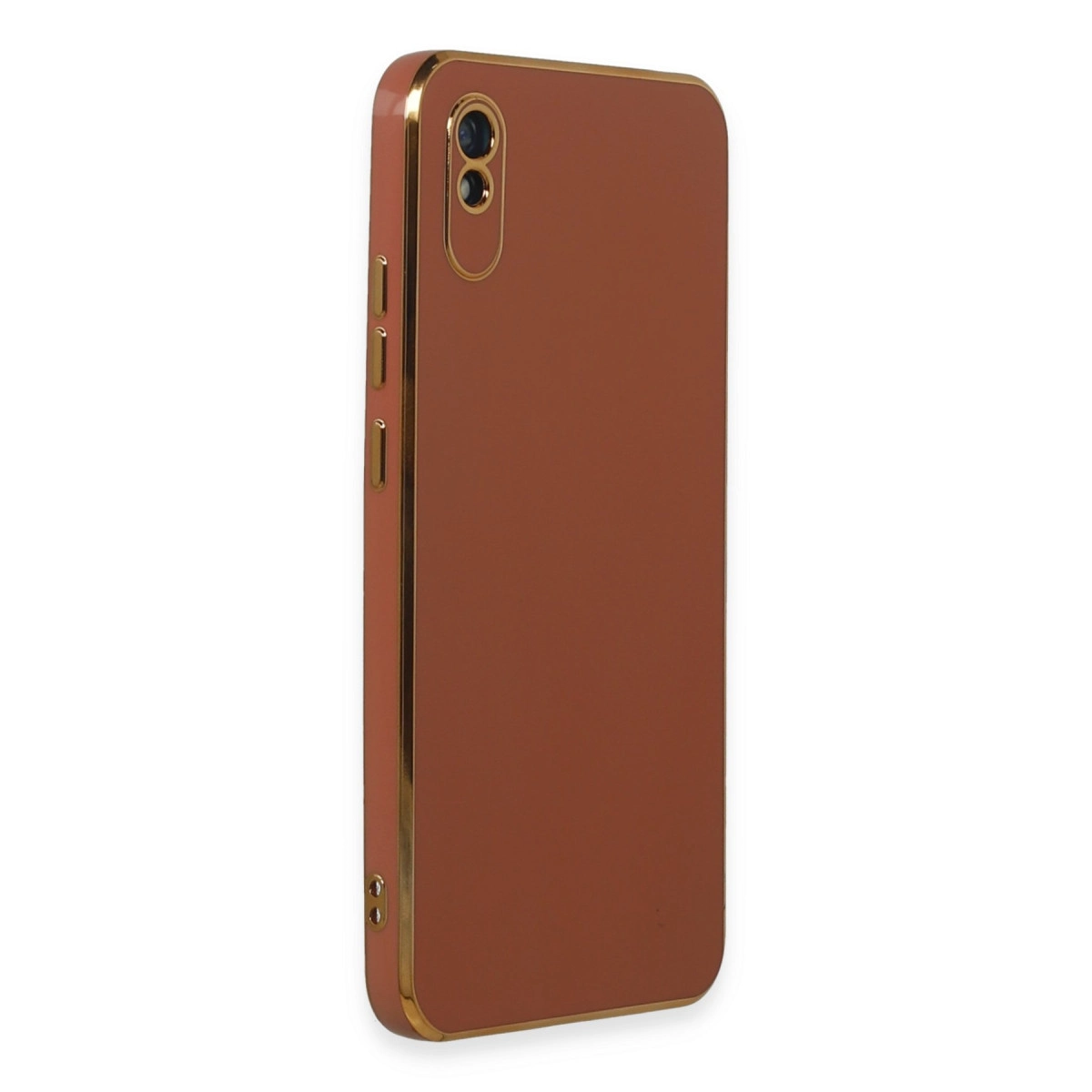 Altın kenarlı ve iki kamera lensli kahverengi telefon kılıfı.