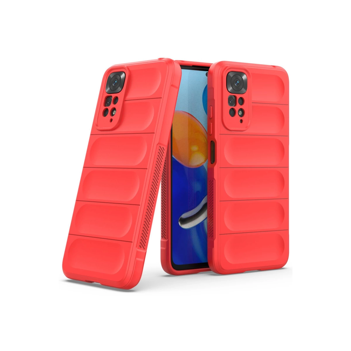 Yatay oluklu ve kamera modüllü iki kırmızı telefon kılıfı.