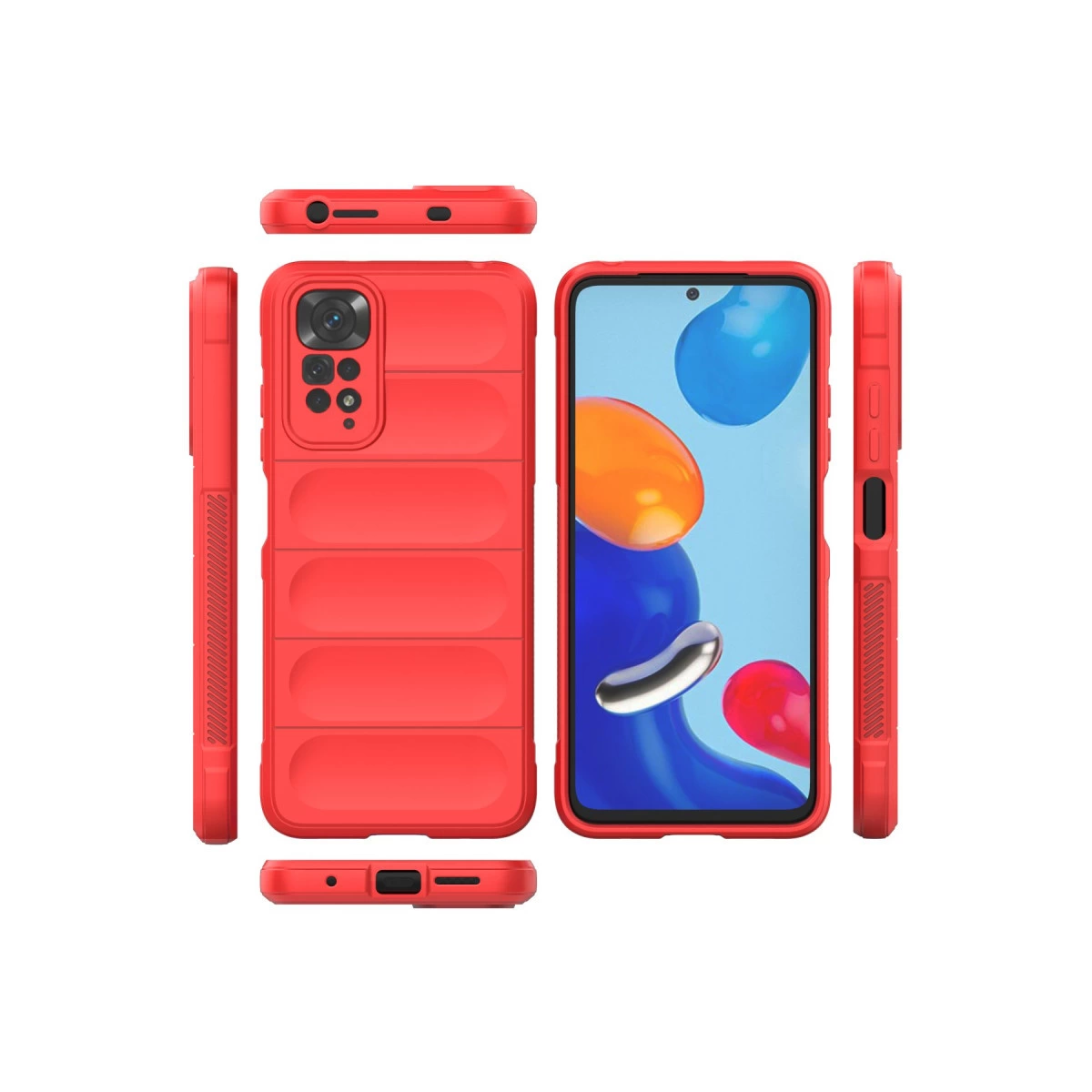 Yatay nervürlü kırmızı telefon kılıfı ve akıllı telefon ekranı.