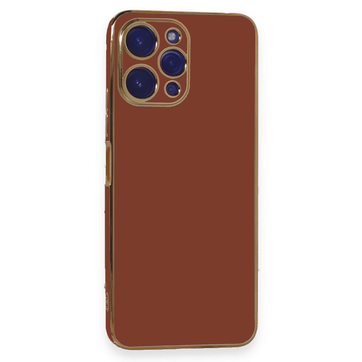 Altın çerçeveli ve kamera modüllü kahverengi telefon kılıfı.