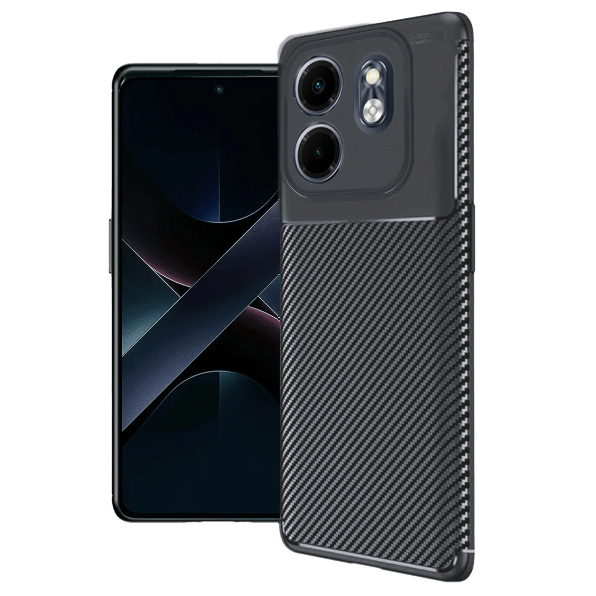 İki kameralı ve karbon fiber arka kapaklı koyu renkli bir akıllı telefon.