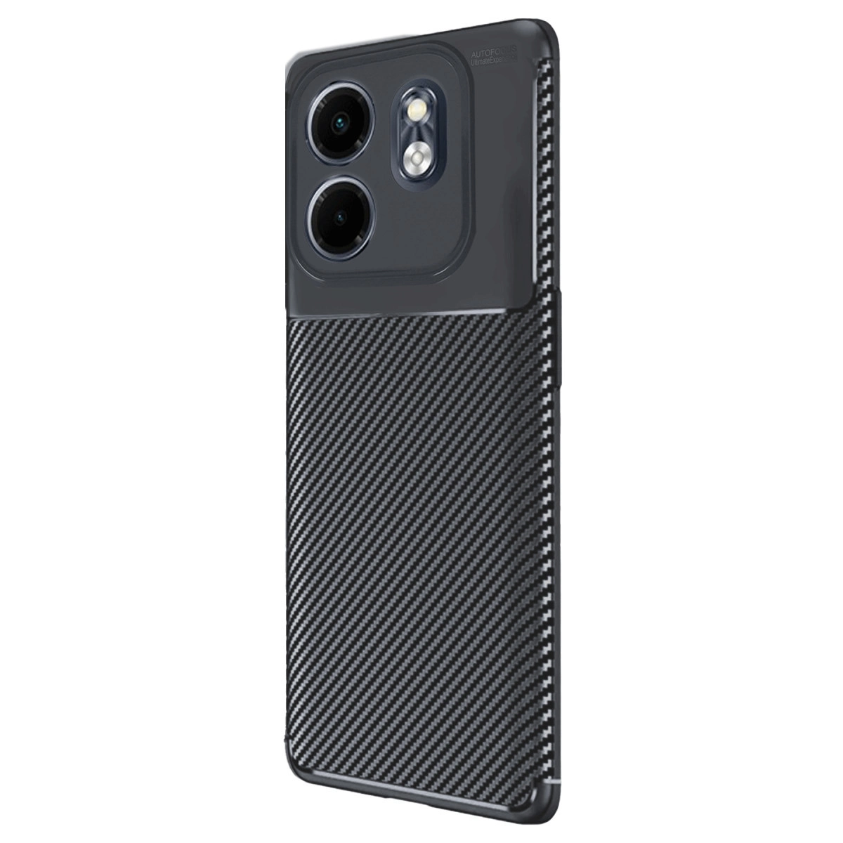 Karbon fiber dokulu siyah telefonun arkası ve üç kamerası.