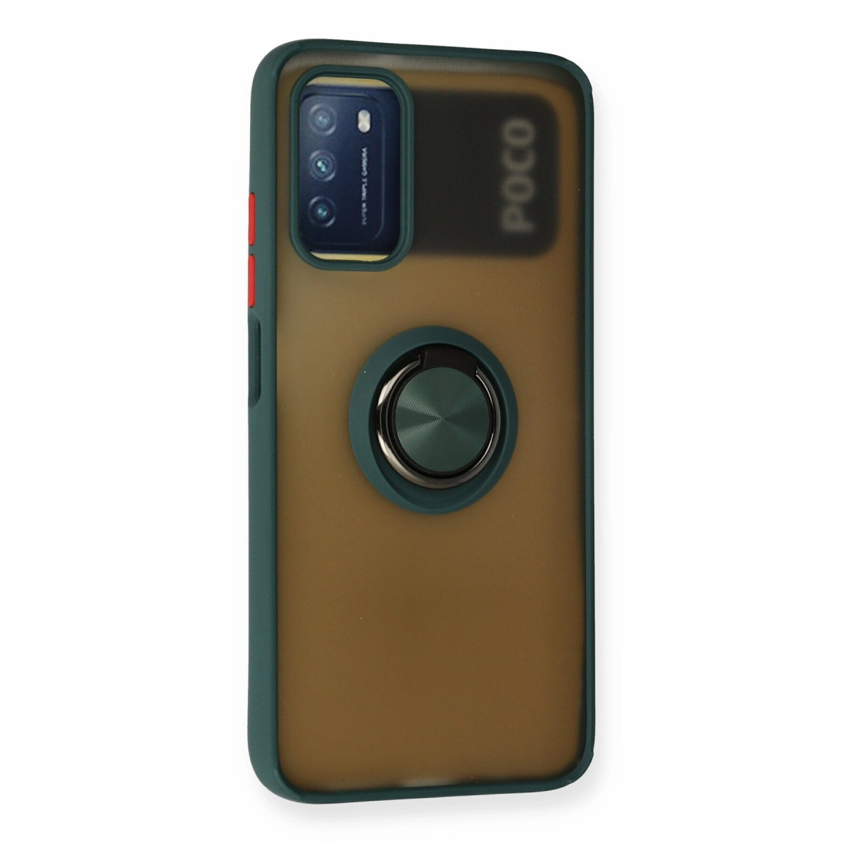 Koyu yeşil telefon kılıfı, kahverengi arka yüz, POCO logosu ve halka tutucu.