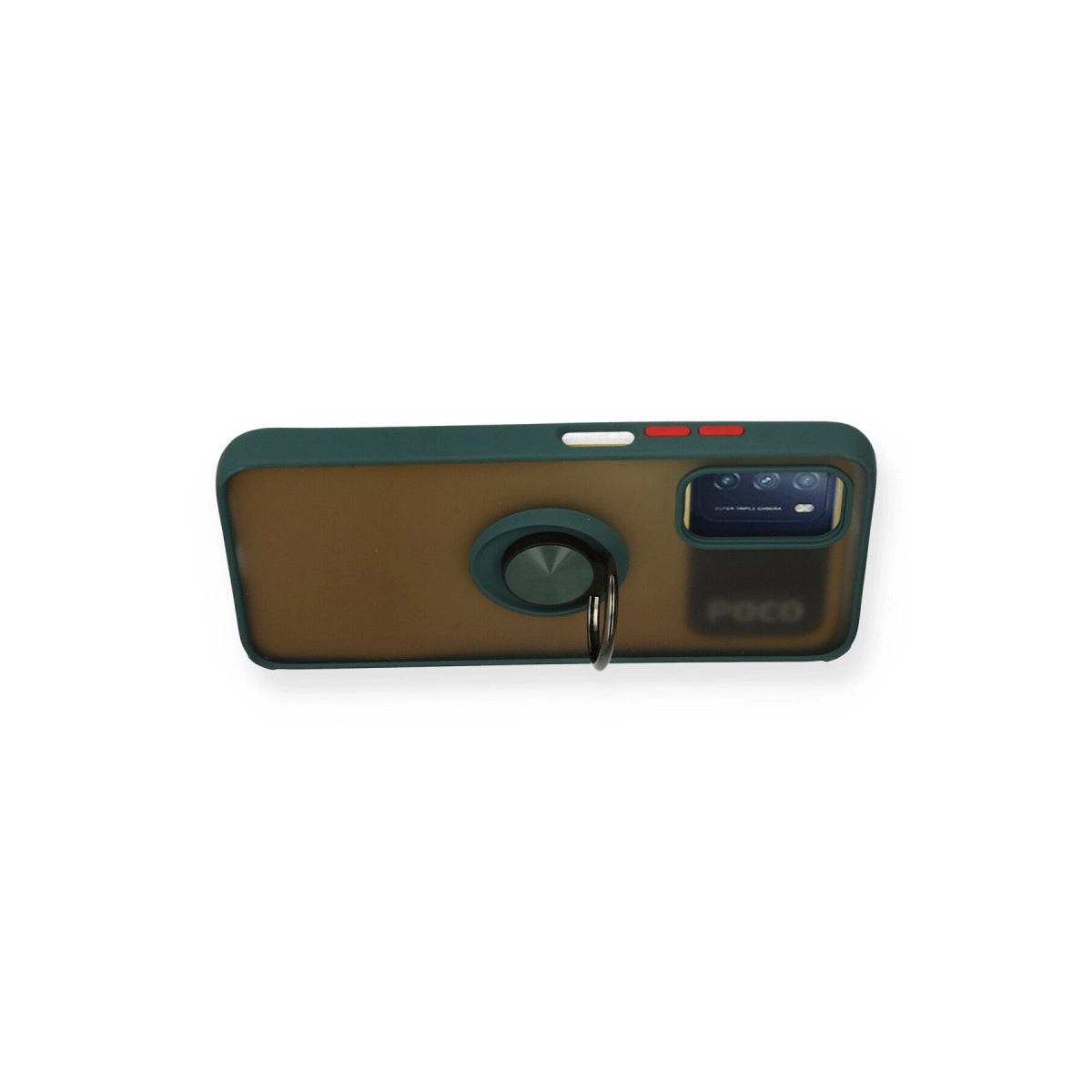 Koyu yeşil telefon kılıfı, kahverengi arka ve halka tutucu.