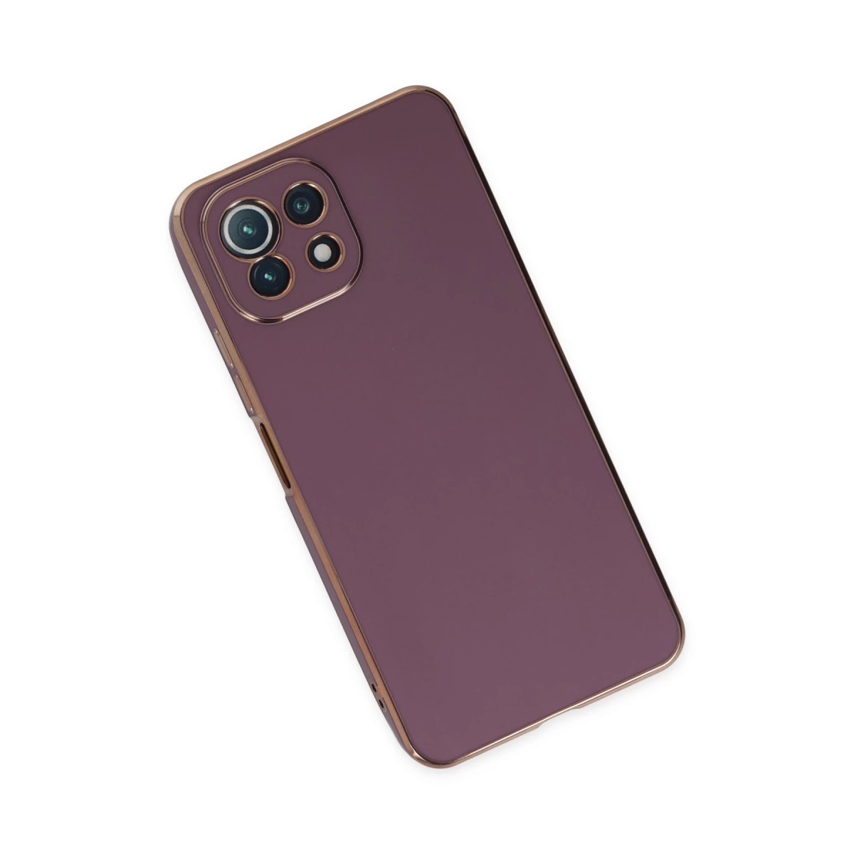 Altın çerçeveli mor akıllı telefon beyaz zeminde.