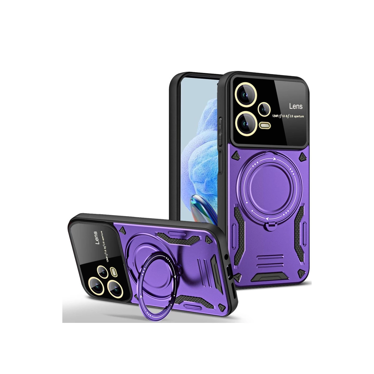 Halka tutuculu ve kamera lensli iki mor telefon kılıfı.