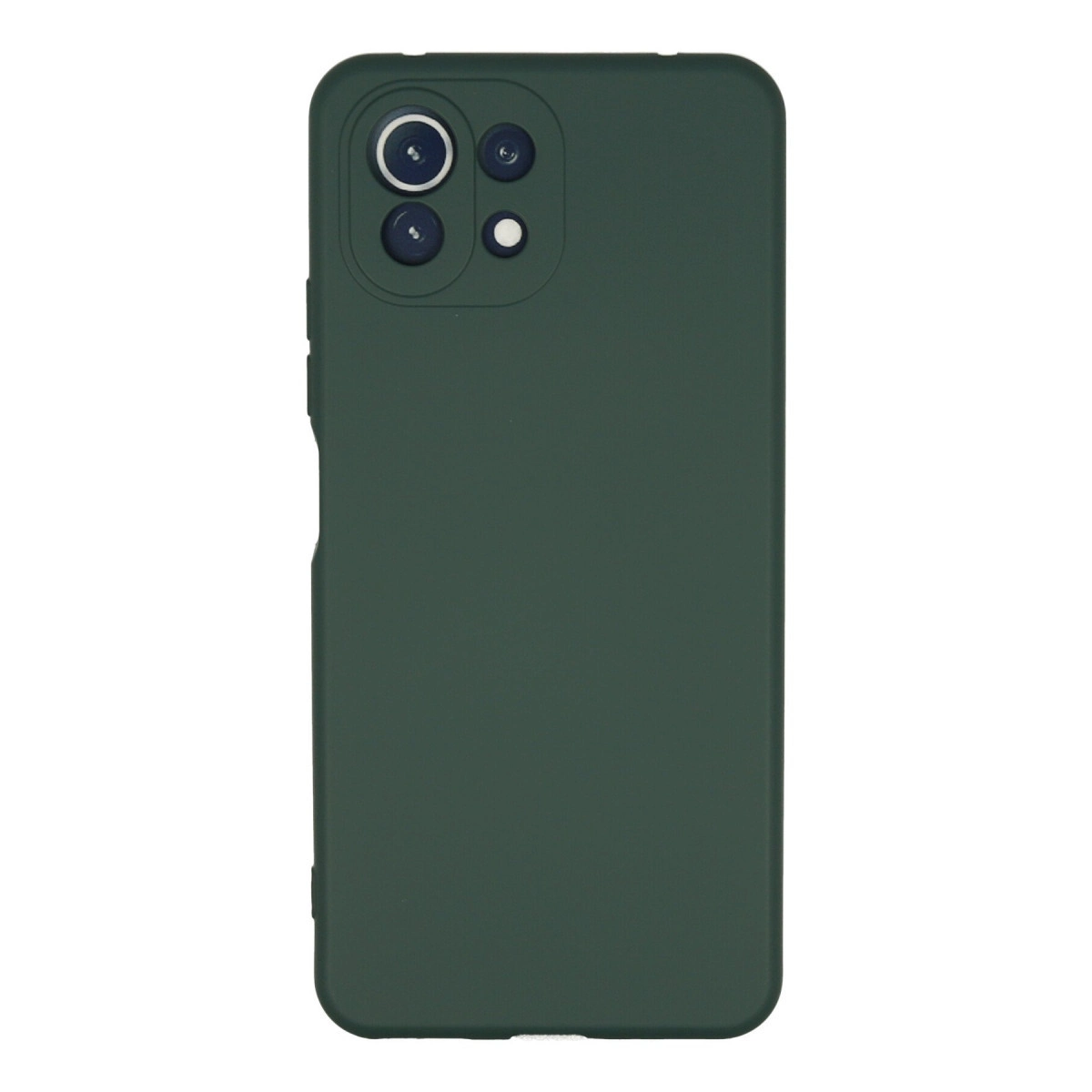 Üç kamera lensli ve flaşlı koyu yeşil telefon kılıfı.