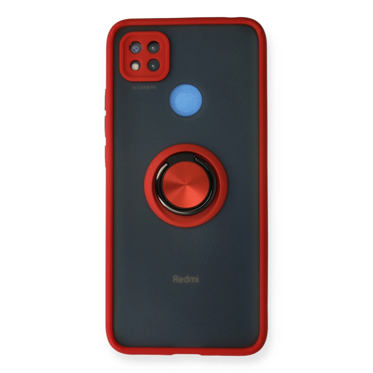 Kırmızı çerçeveli, kameralı, halka tutuculu siyah telefon kılıfı.