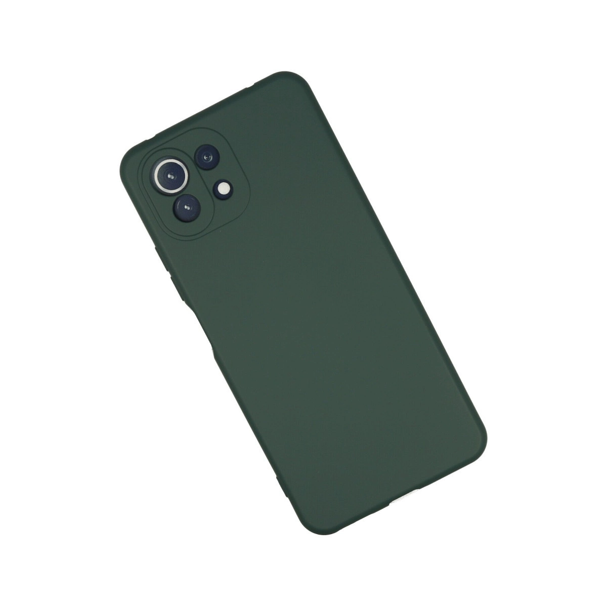 Kamera alanlı koyu yeşil telefon kılıfı beyaz arka plan üzerinde.