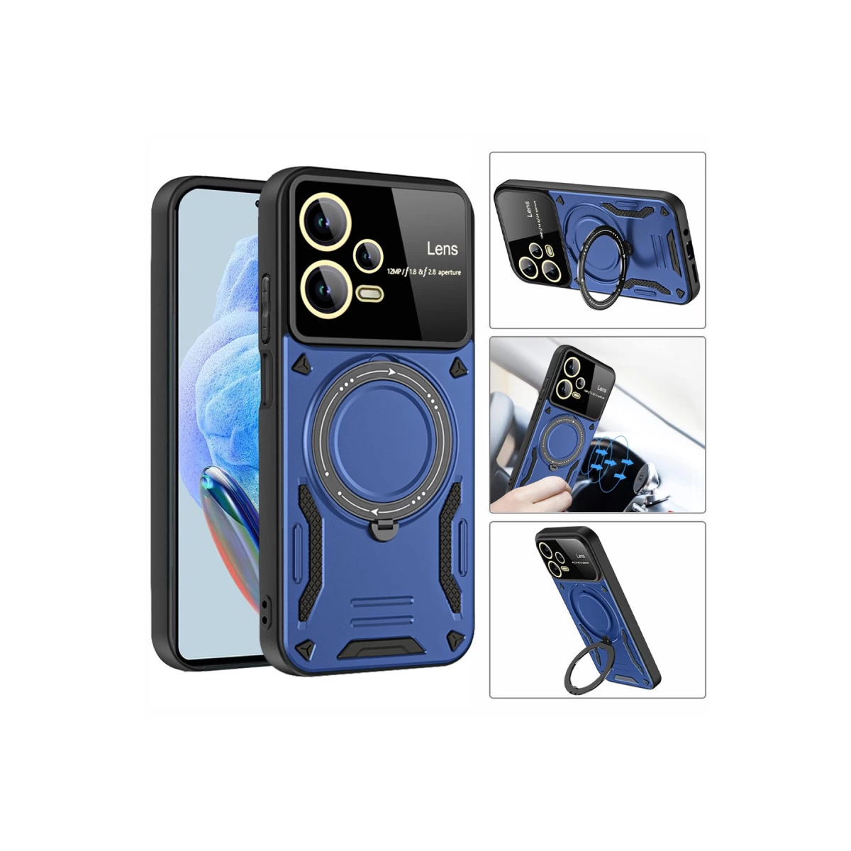 Halka tutuculu mavi telefon kılıfı ve üç detaylı görünüm.