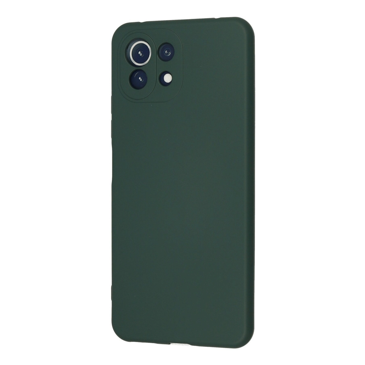 Arkada kare kamera modülü bulunan koyu yeşil telefon kılıfı.