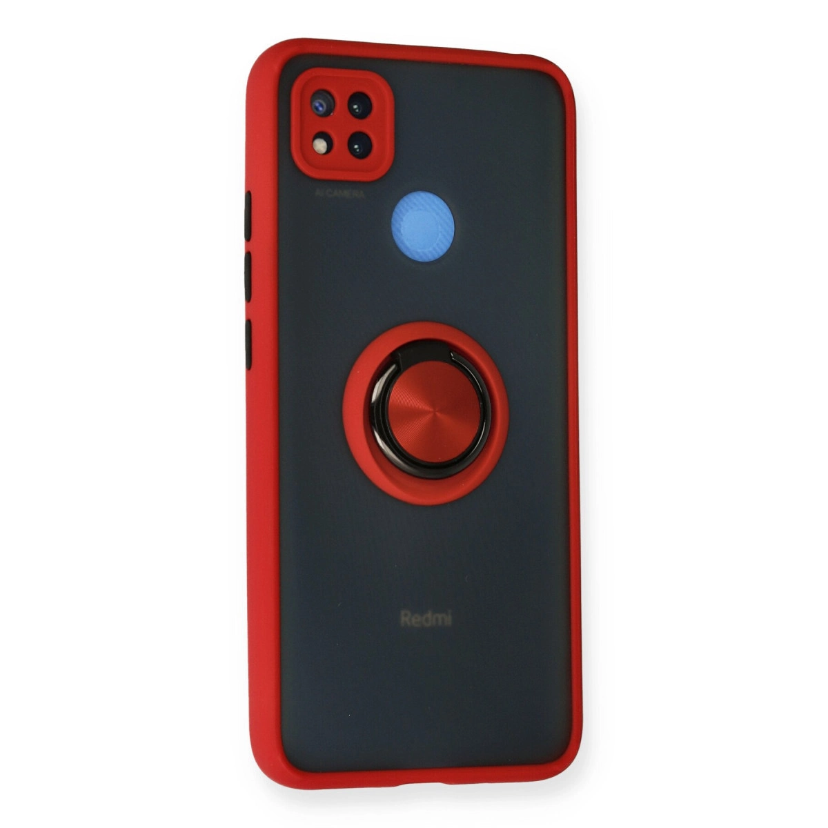 Siyah ekli ve halka tutuculu kırmızı telefon kılıfı.