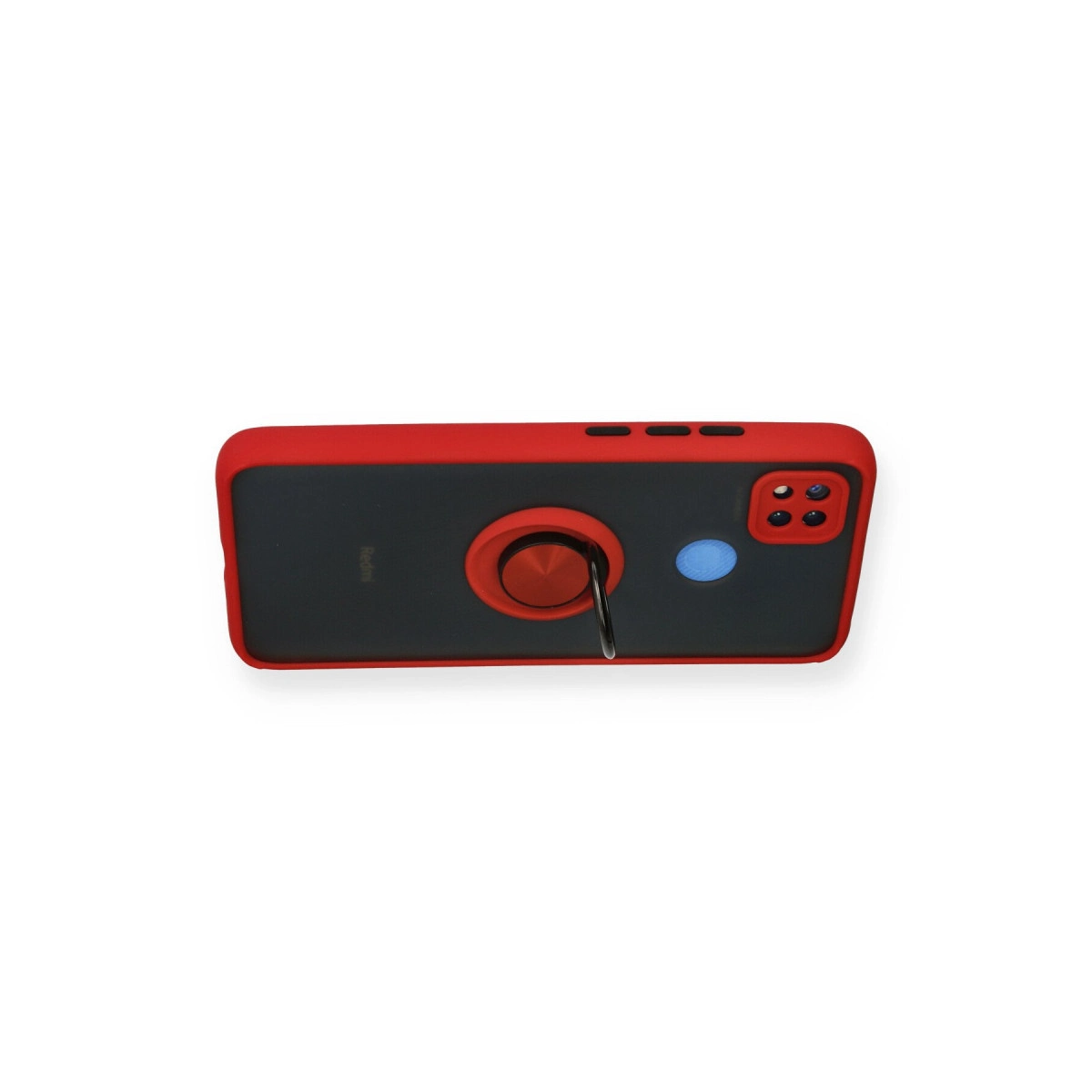 Siyah arka, halka tutucu ve kamera modülüne sahip kırmızı telefon.