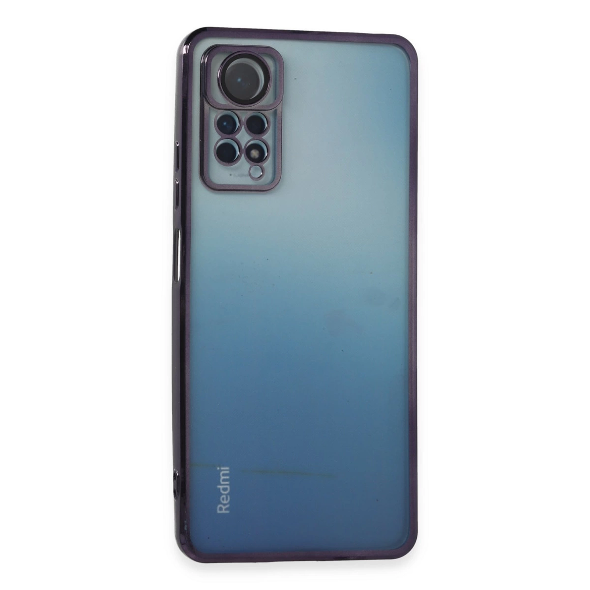 Belirgin kamera dizilimi ve Redmi logosu bulunan mavi telefon kılıfı.