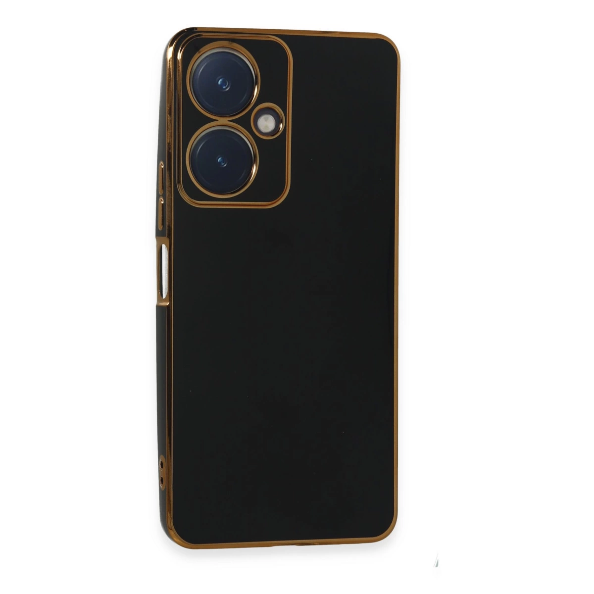 Altın çerçeveli ve kamera kesimli siyah telefon kılıfı, beyaz zeminde.