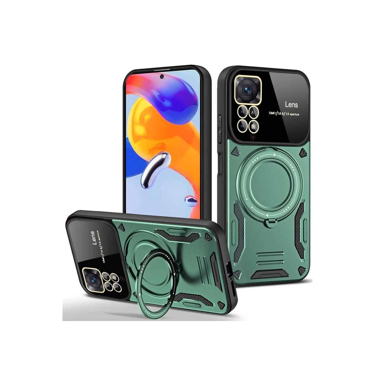 Halka tutuculu ve kamera bloklu üç yeşil telefon kılıfı.