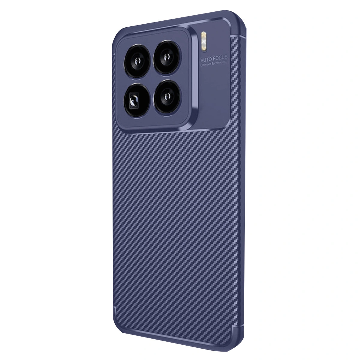 Karbon fiber desenli ve dört kamera lensli lacivert telefon kılıfı.