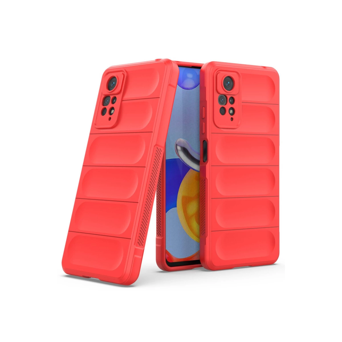 Yatay çıkıntılı iki kırmızı telefon kılıfı, biri telefonda.