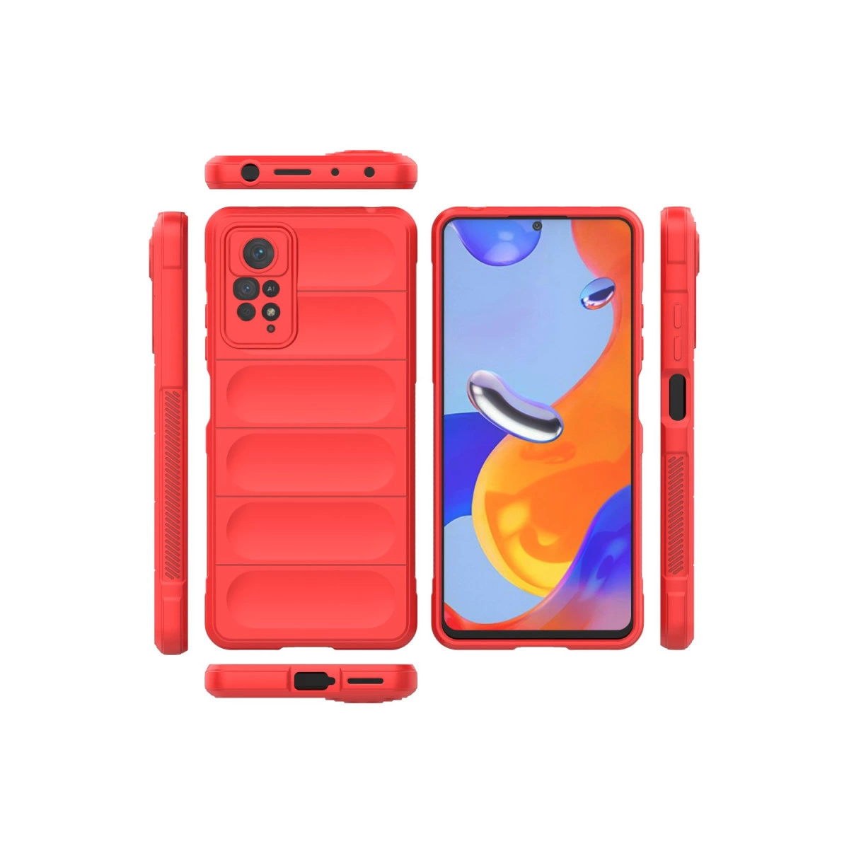 Yatay oluklu kırmızı telefon kılıfı, ön ve yan görünümler.