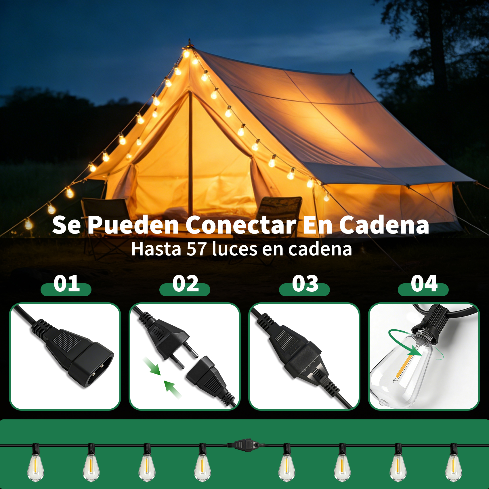 Tienda iluminada de noche con guirnalda de luces e instrucciones.