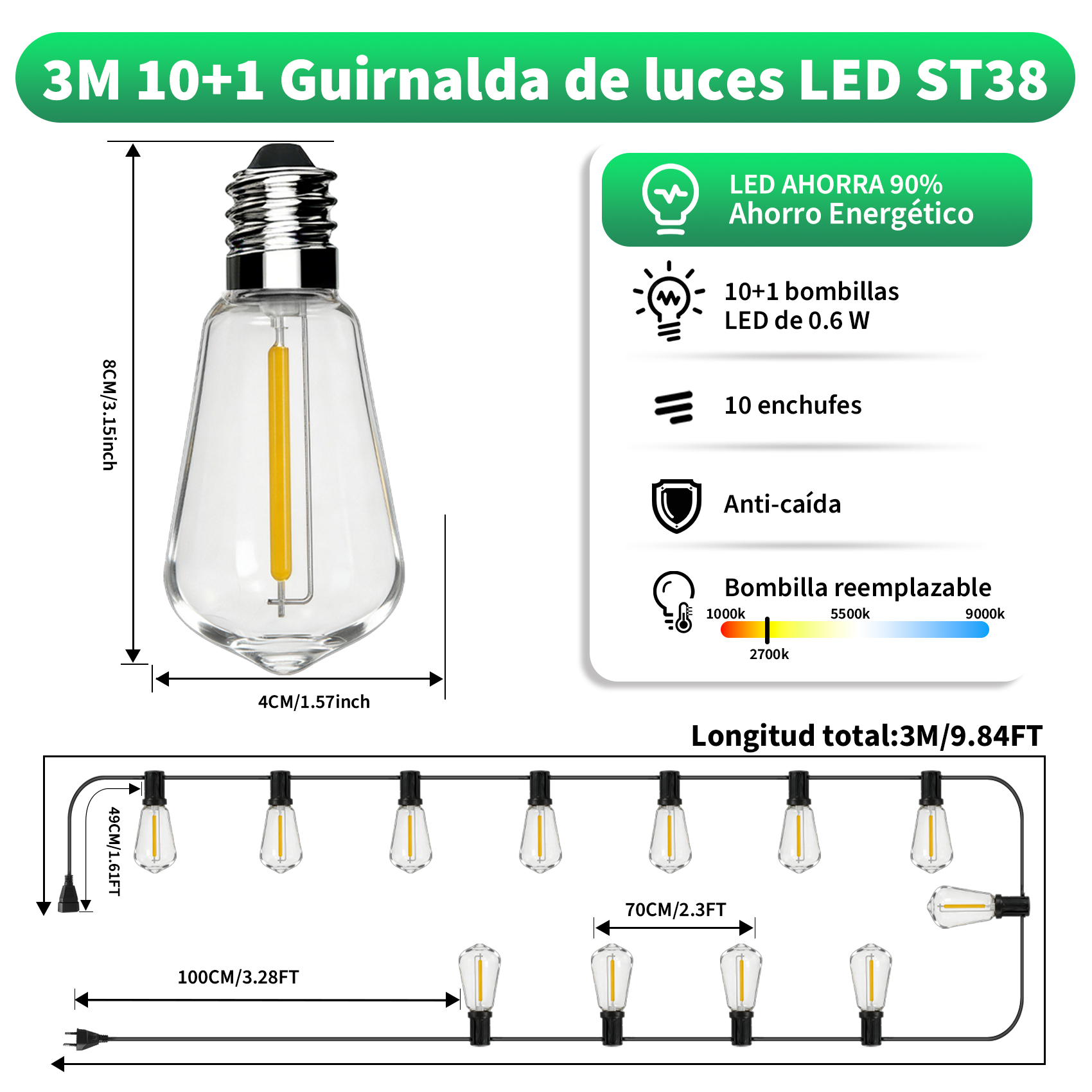 Cadena de luces LED 3M ST38, 10+1 bombillas, bajo consumo, reemplazables.