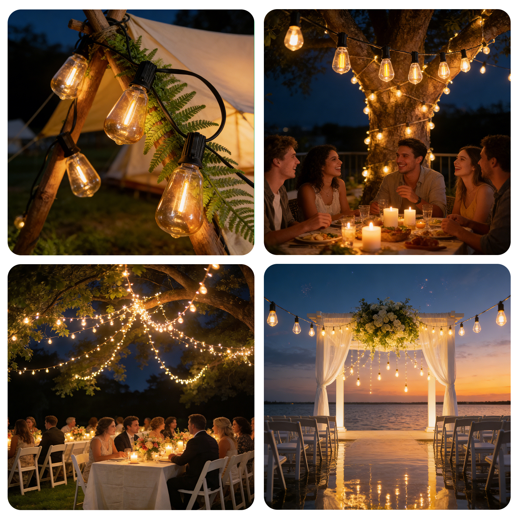 Las luces de cadena iluminan una tienda de campaña, una cena y una ceremonia de boda junto al agua.