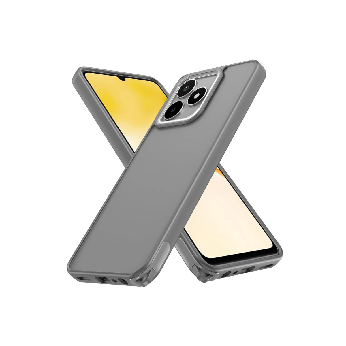 Beyaz arka plan üzerinde kameralı iki gri telefon kılıfı.