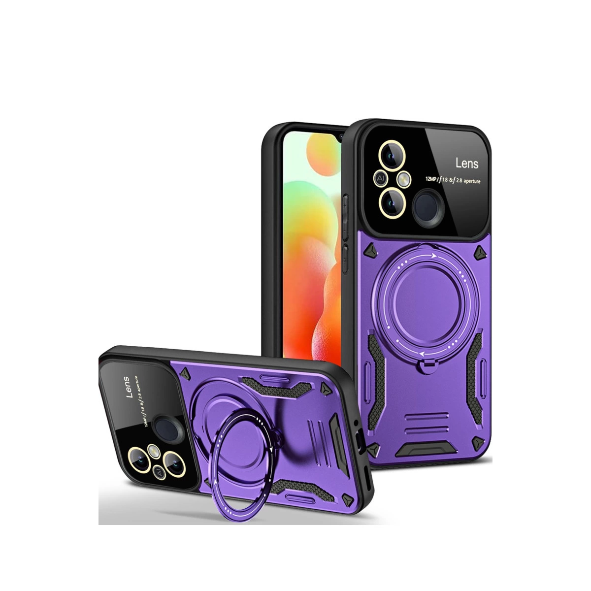 Arkada halka tutucular ve kamera kesikleri olan iki mor telefon kılıfı.