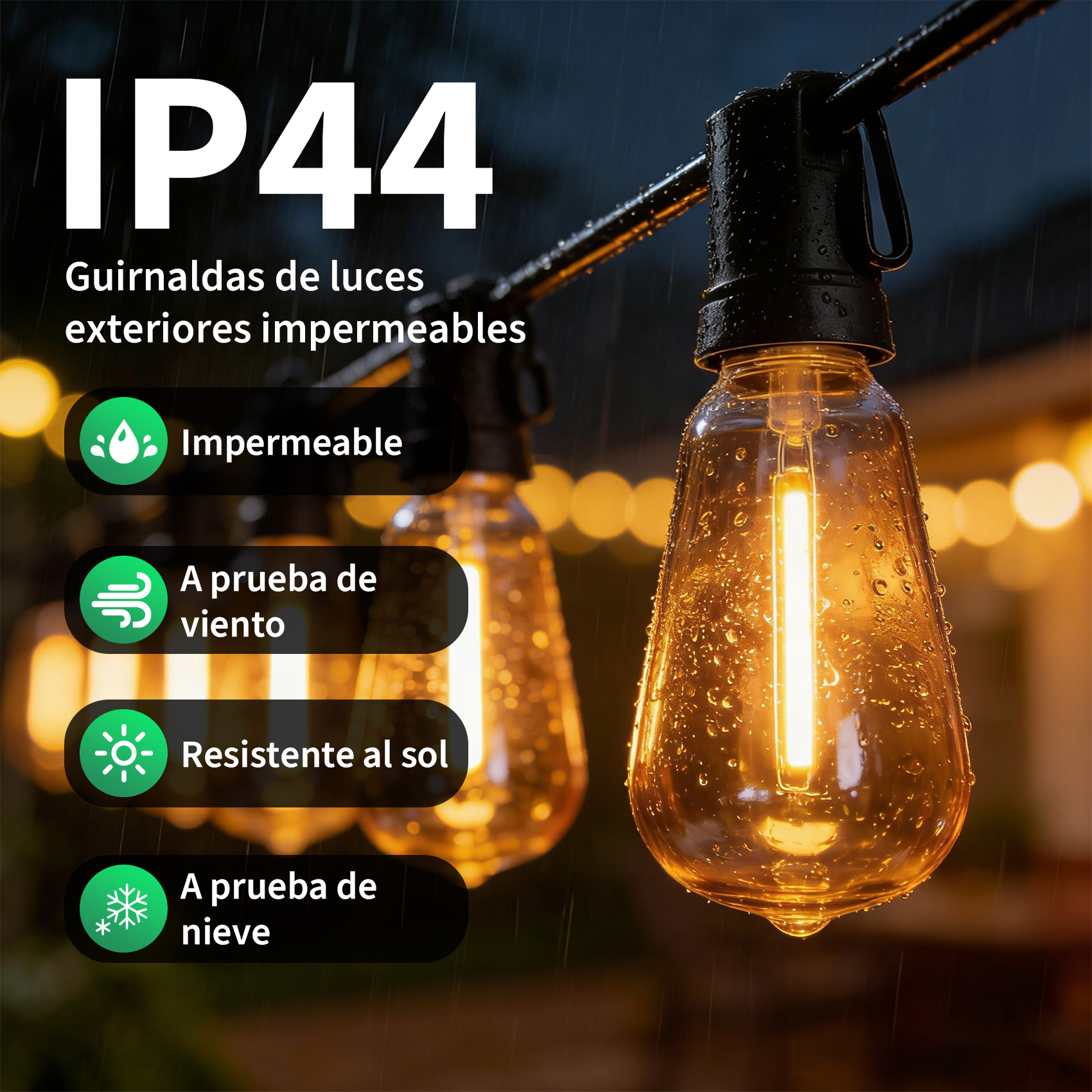 Cadena de luces IP44 impermeable para exterior con bombillas bajo la lluvia.