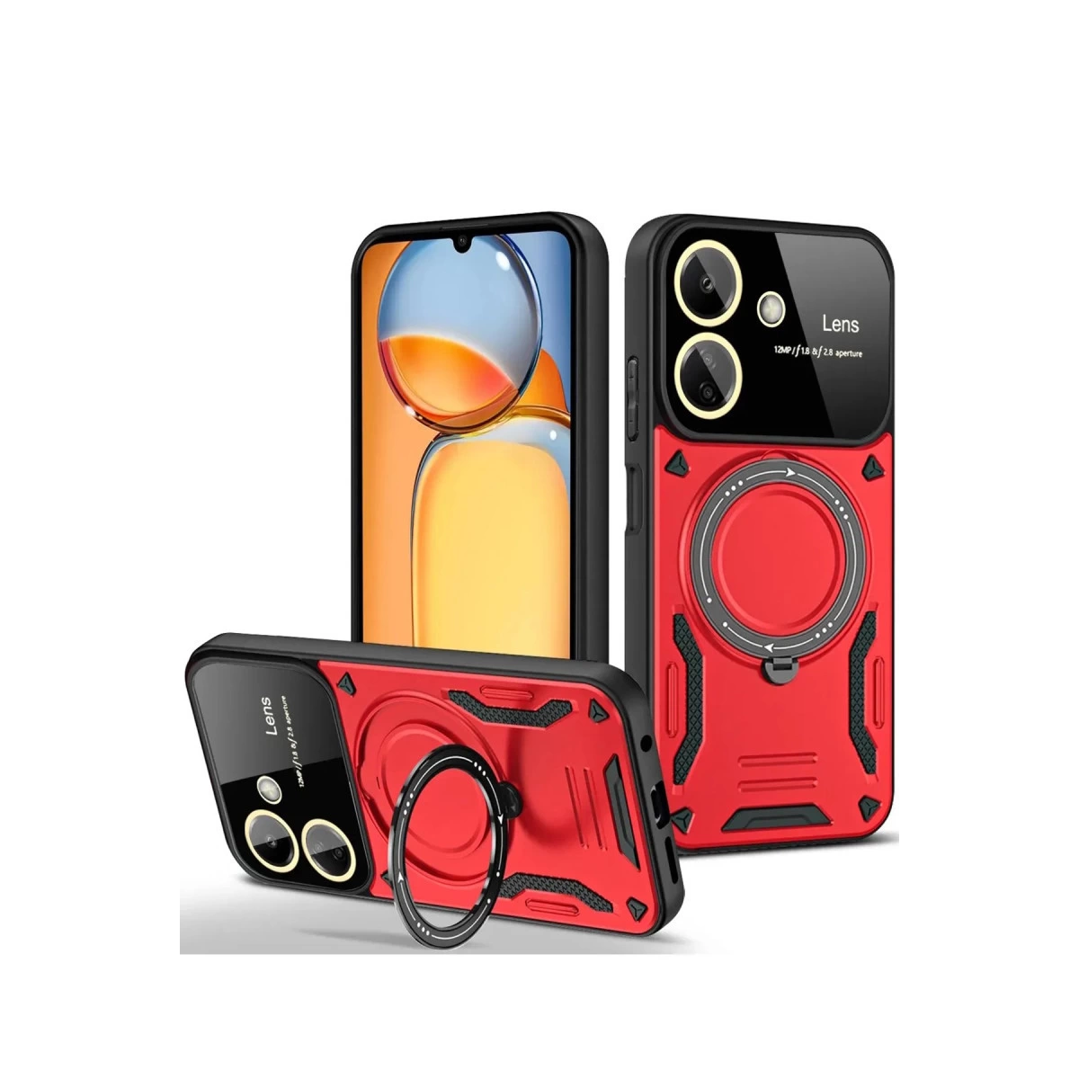 Halka standlı ve lens detaylı kırmızı telefon kılıfı. Ekran görünür.