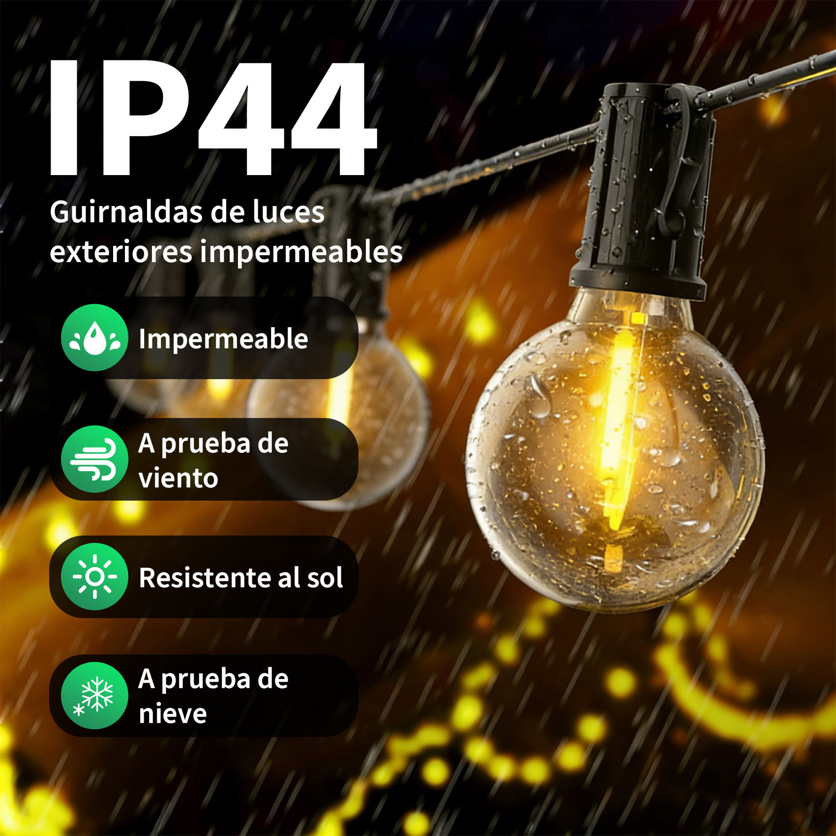 Luces de cadena IP44 impermeables con bombillas bajo la lluvia. Características: impermeable, a prueba de viento.