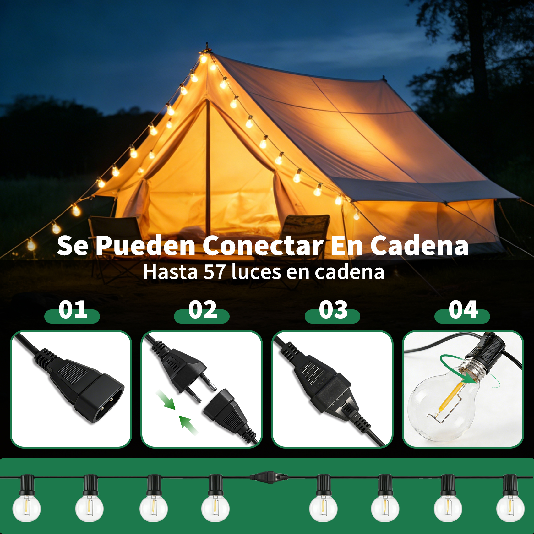 Tienda con luces de cadena, guía de conexión: enchufe, toma, bombilla.