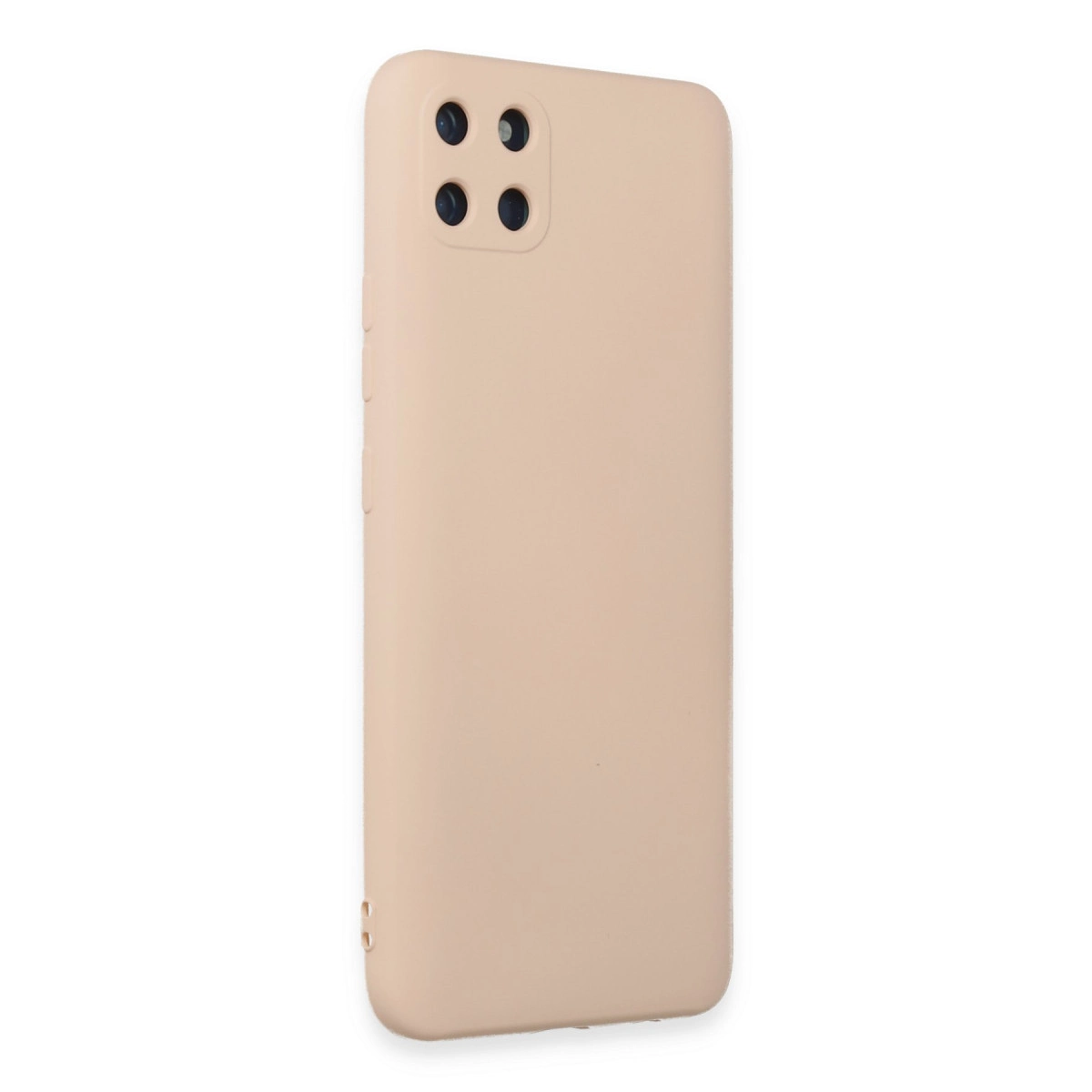 Dört kamera lensli bej telefon kılıfı beyaz arka planda gösteriliyor.