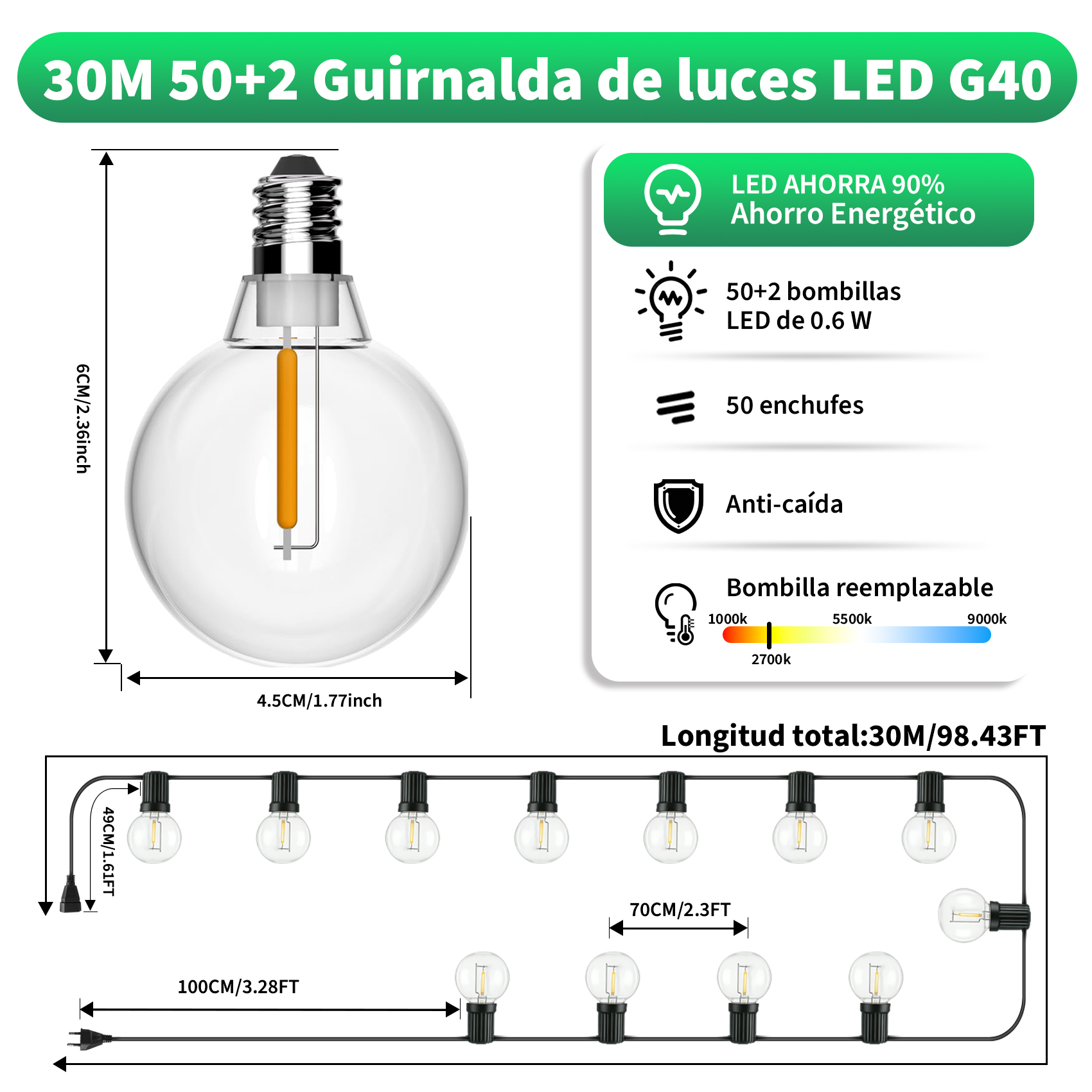 Luces LED G40 de 30M, 50+2 bombillas, eficientes, 0,6W por bombilla.