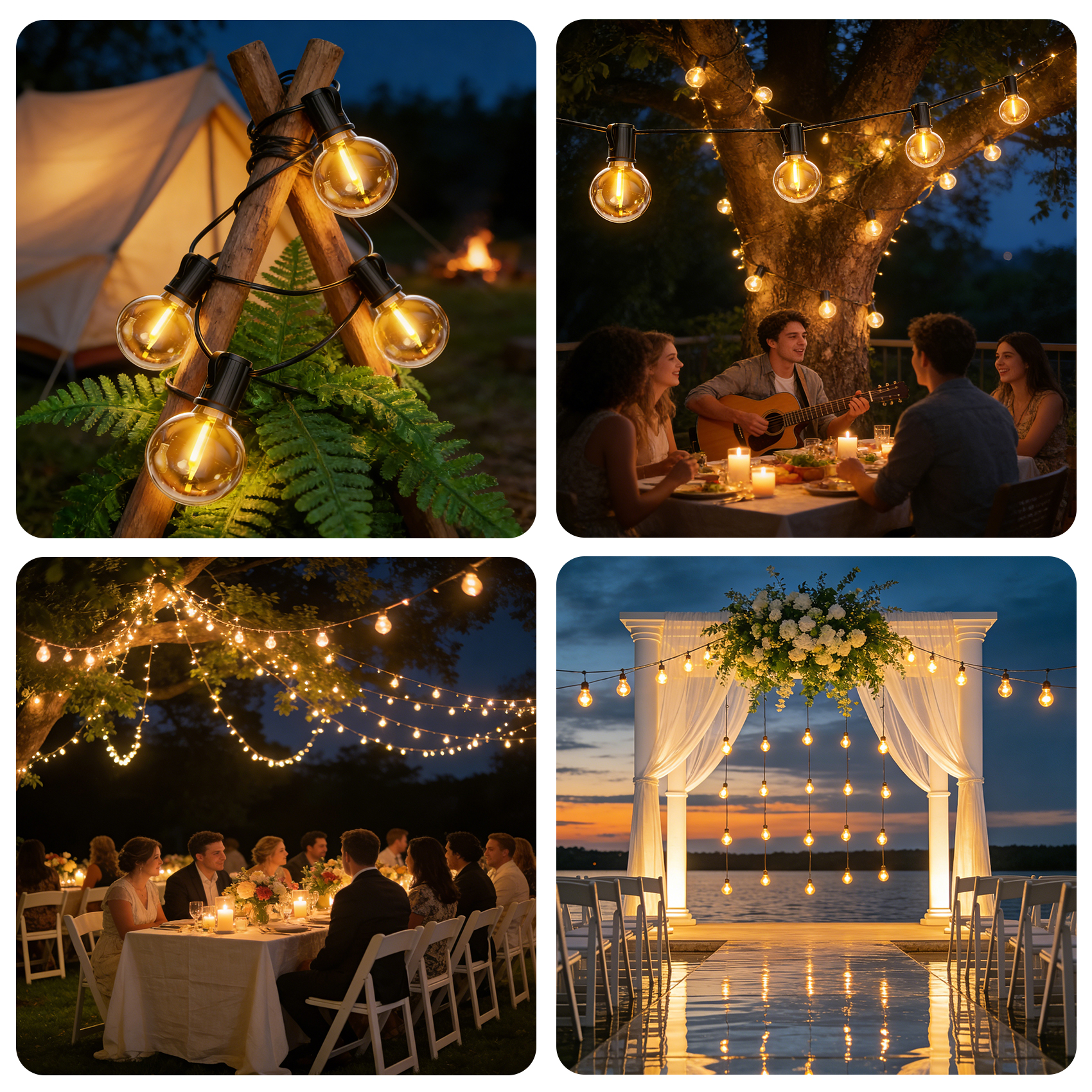 Las luces de cadena iluminan un campamento, fiesta en árbol y ceremonia de boda.