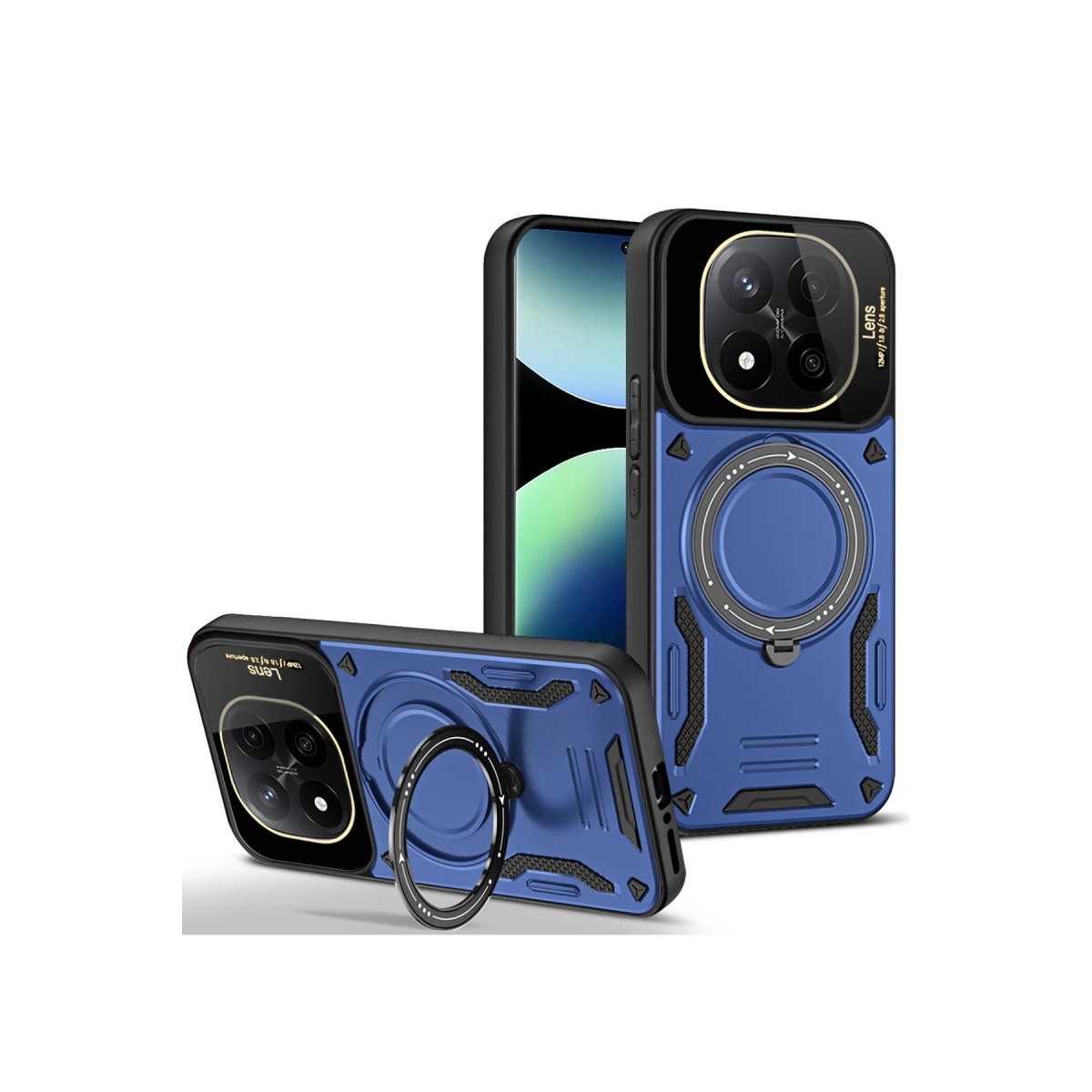 Beyaz arka plan üzerinde halka tutuculu iki mavi telefon kılıfı.