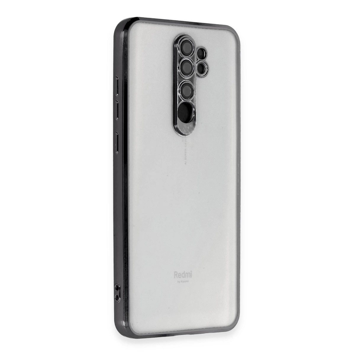 Şeffaf telefon kılıfı, gri kenarlı ve kamera kesimli, Redmi logosu.