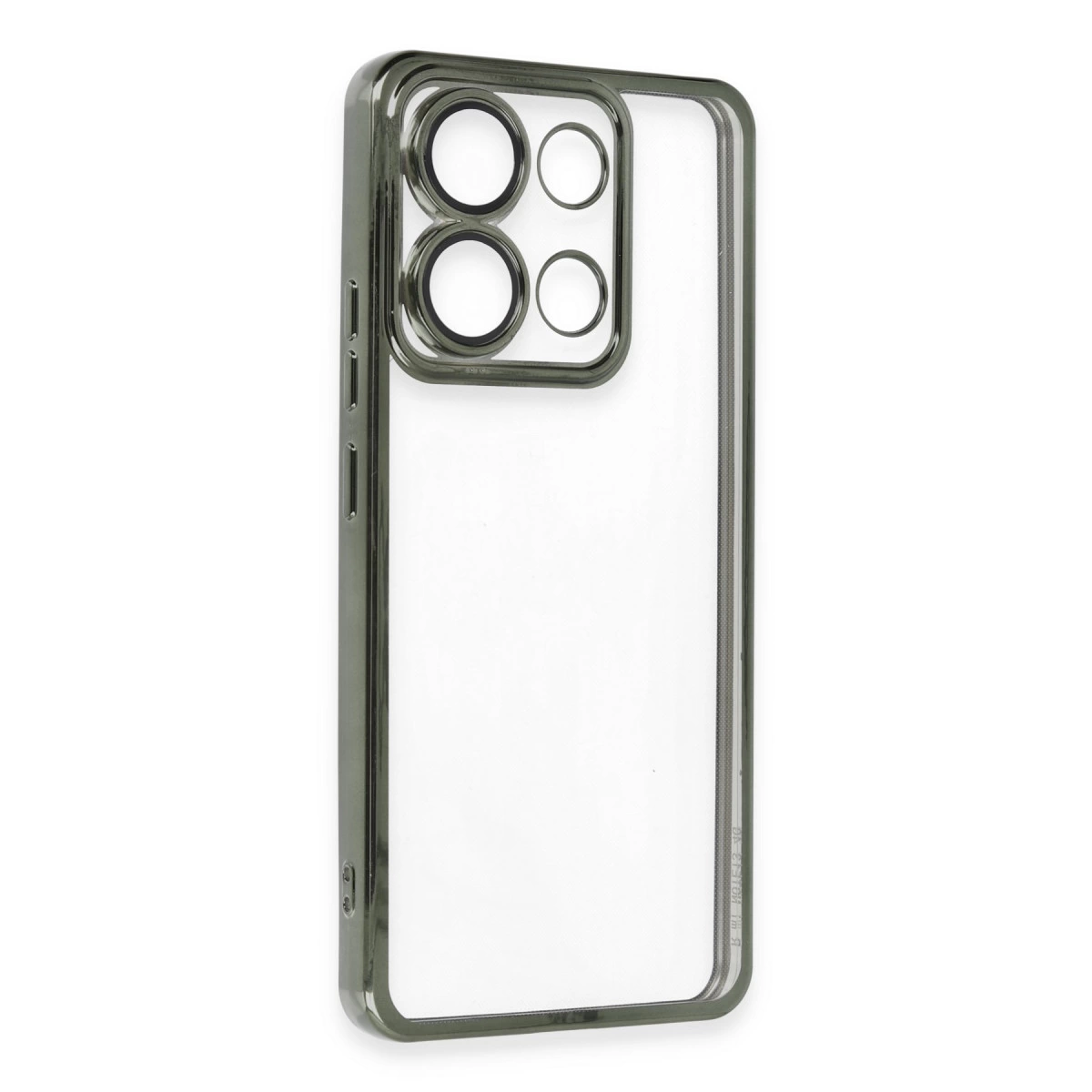 Dört kamera lens halkalı, koyu çerçeveli şeffaf telefon kılıfı.
