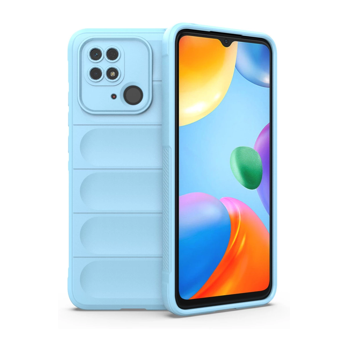 Kamera sistemli açık mavi telefon ve renkli ekran duvar kağıdı.