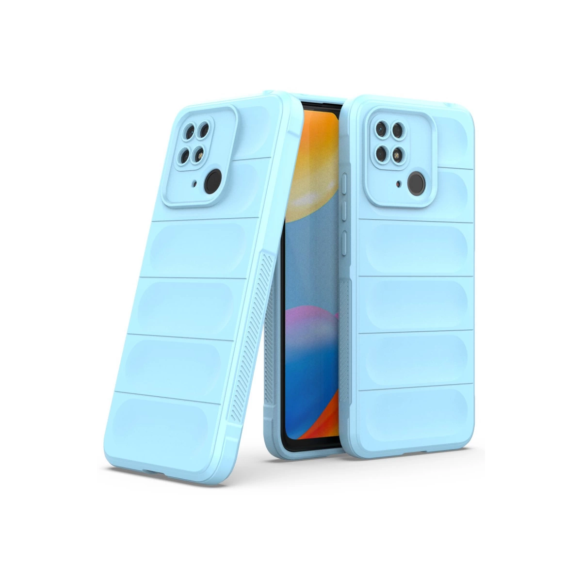 Yatay çıkıntılı iki açık mavi telefon kılıfı, biri akıllı telefonda.