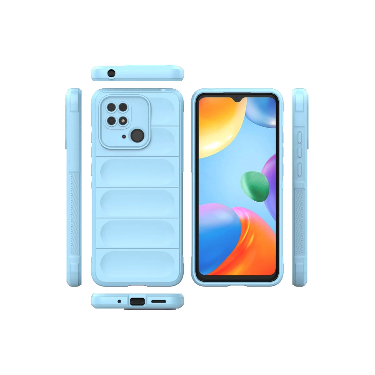 Kamera çıkıntıları ve akıllı telefon içeren açık mavi telefon kılıfı.