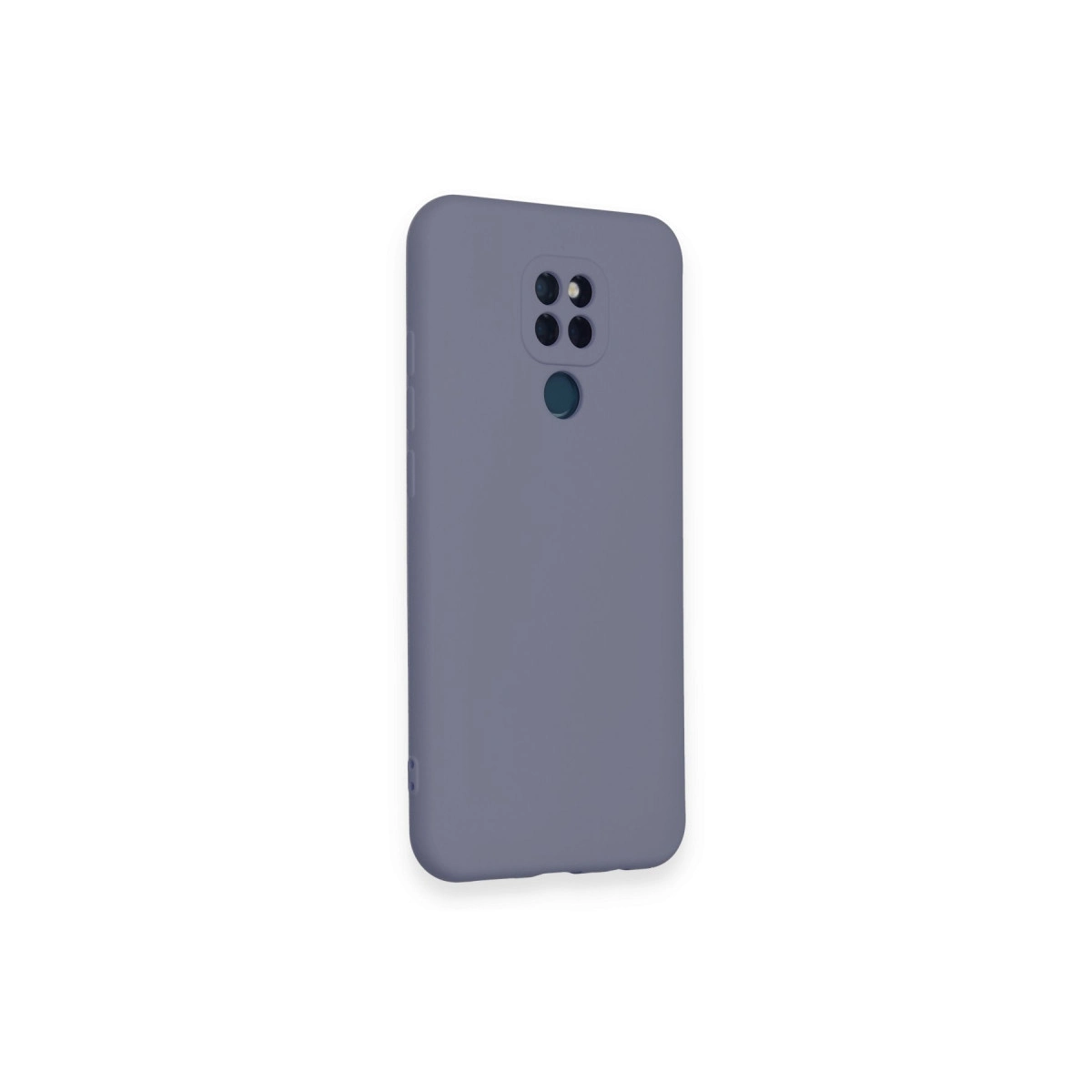 Kamera bloğu ve parmak izi sensörlü gri-mavi telefon kılıfı.