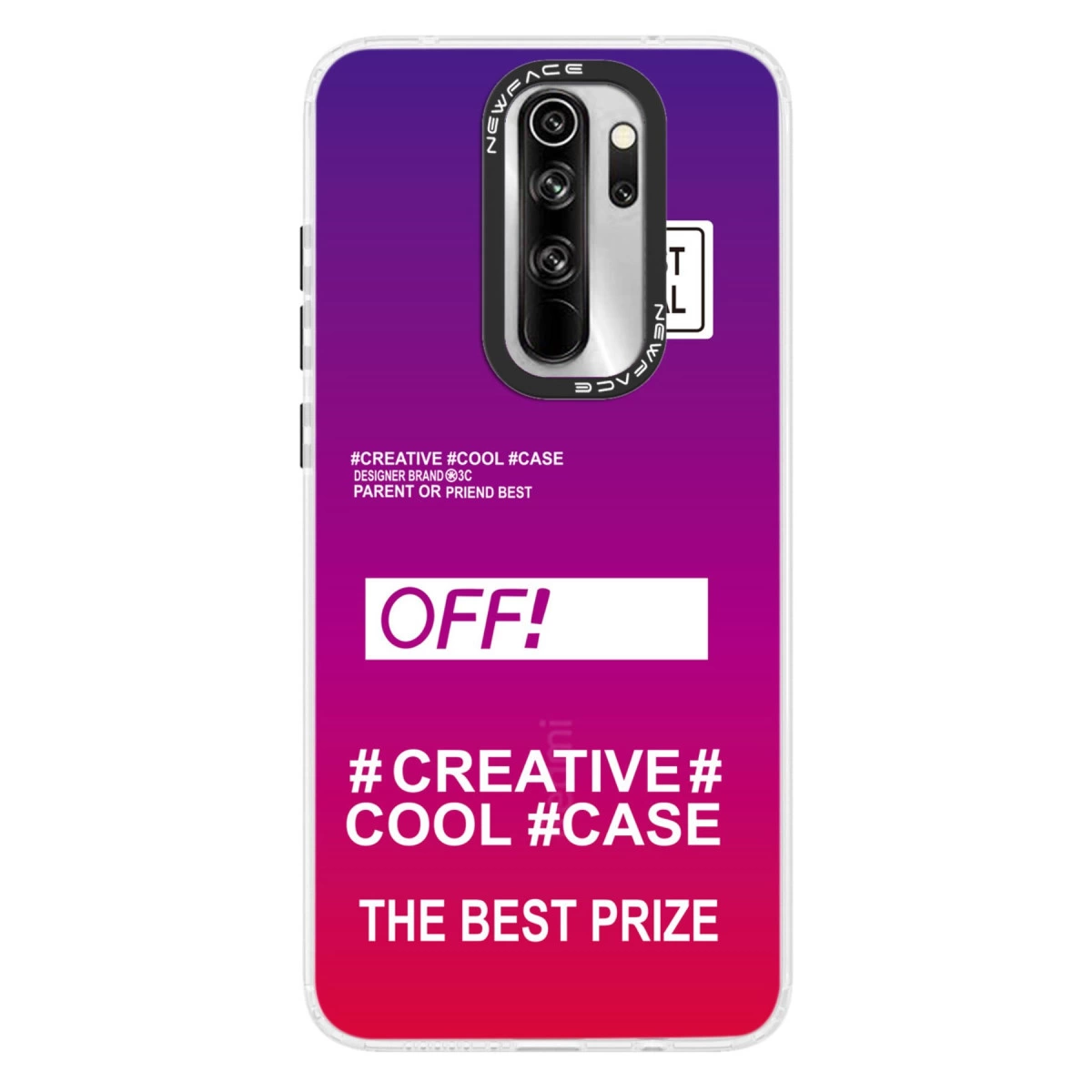 Kamera ve #CREATIVE #COOL #CASE yazılı mor ve kırmızı telefon kılıfı.