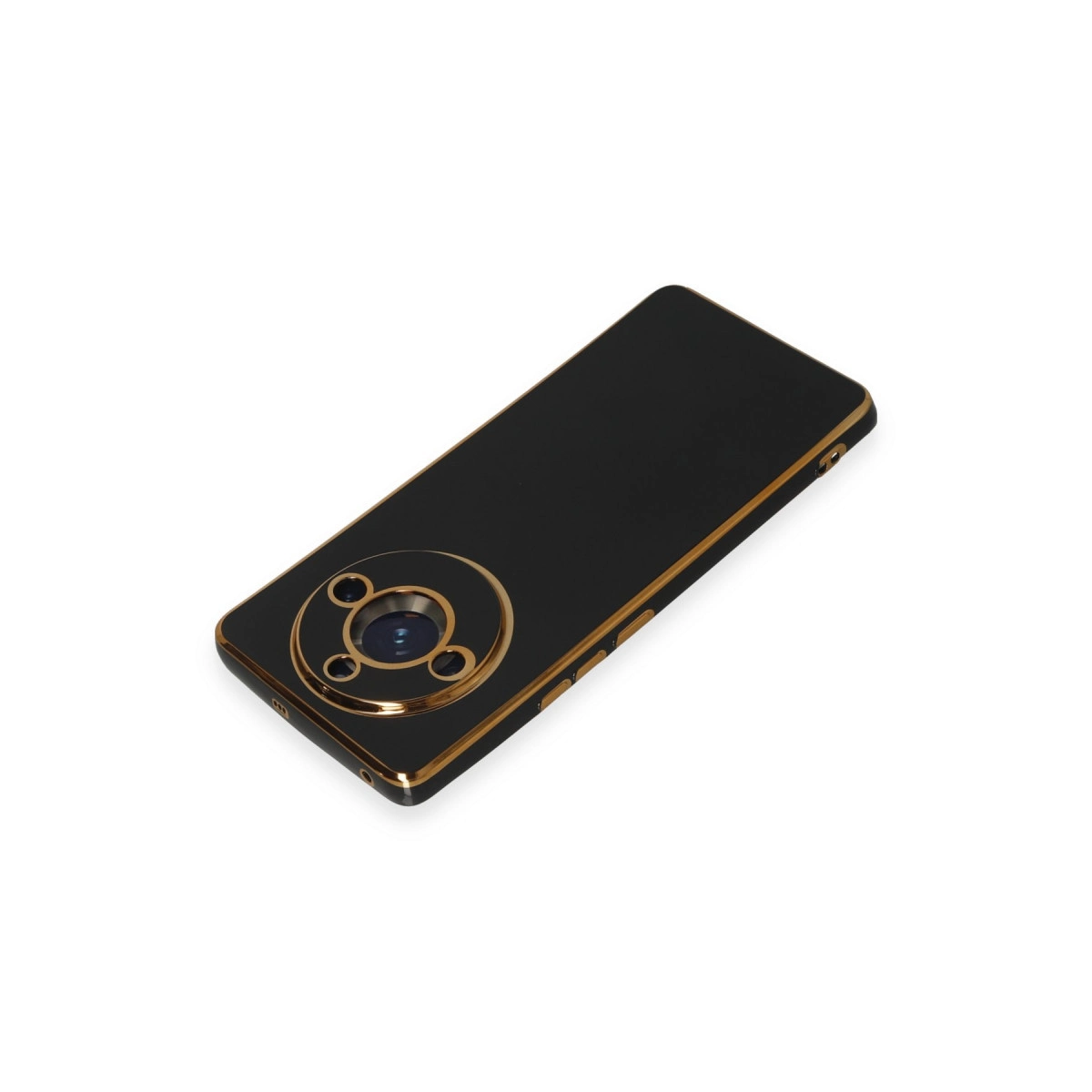 Altın kenarlı, yuvarlak kameralı siyah akıllı telefon beyaz arka planda.