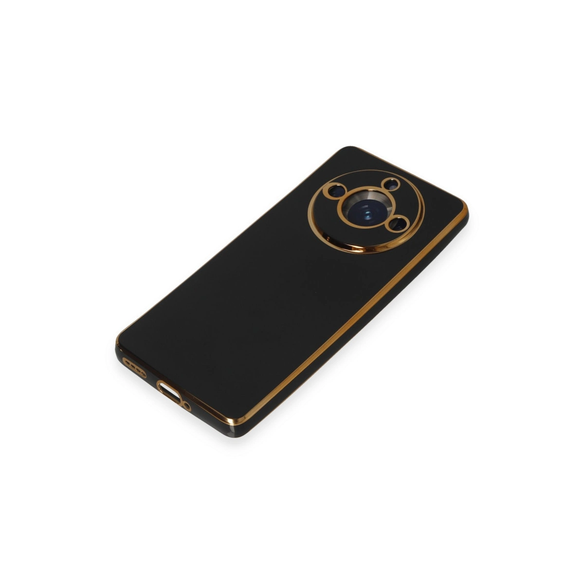 Altın çerçeveli siyah akıllı telefon ve dairesel kamera modülü.
