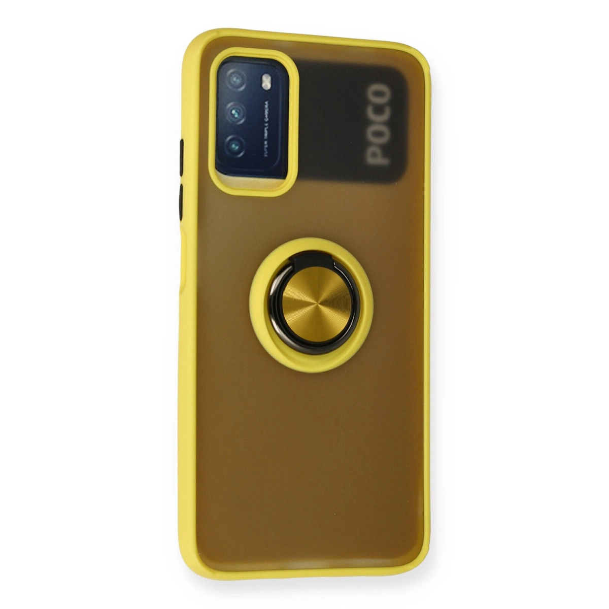 POCO logolu, üçlü kamera ve altın halka tutuculu sarı telefon kılıfı.